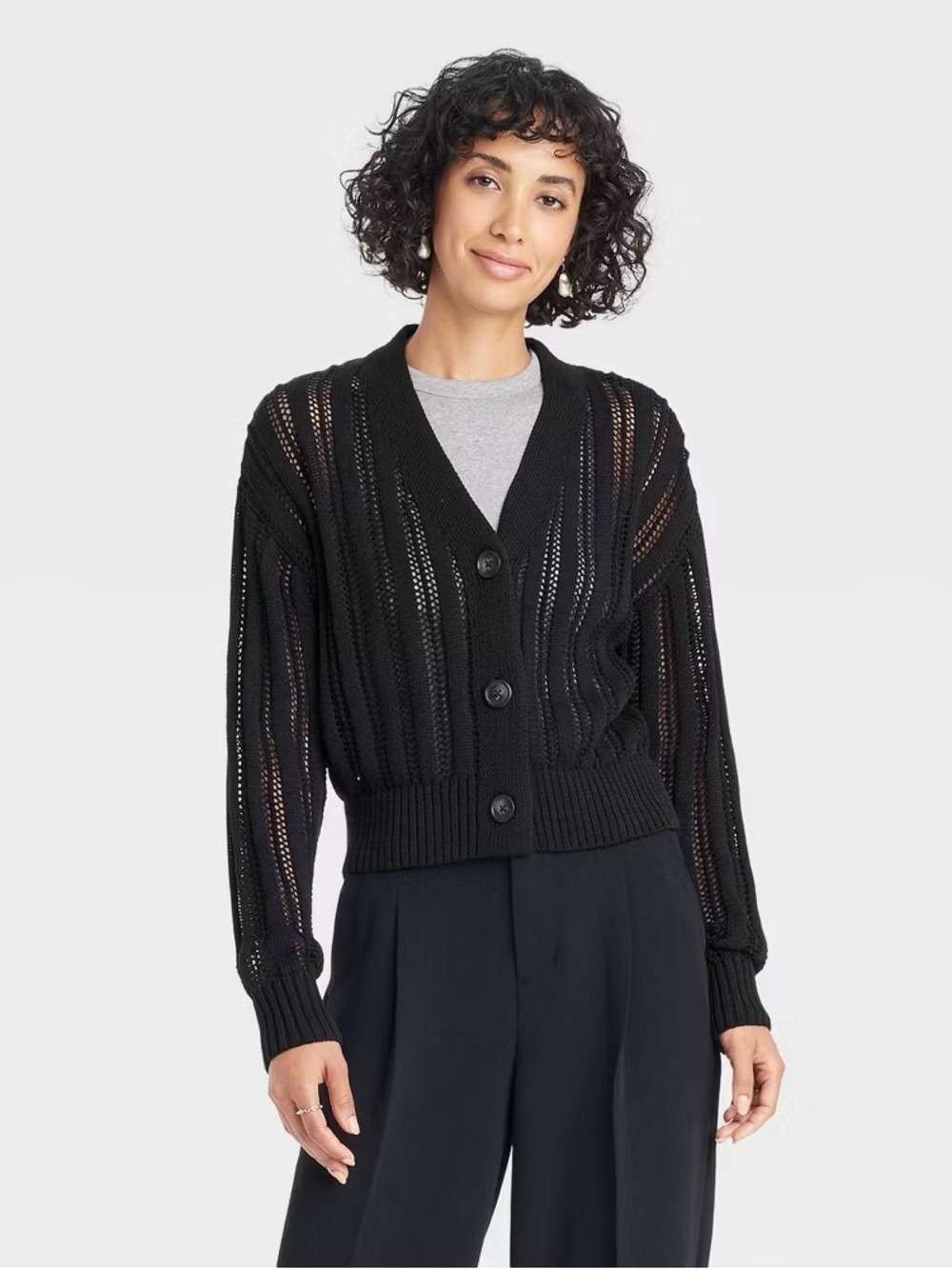 Woman’s openwork cardigan black knit medium
